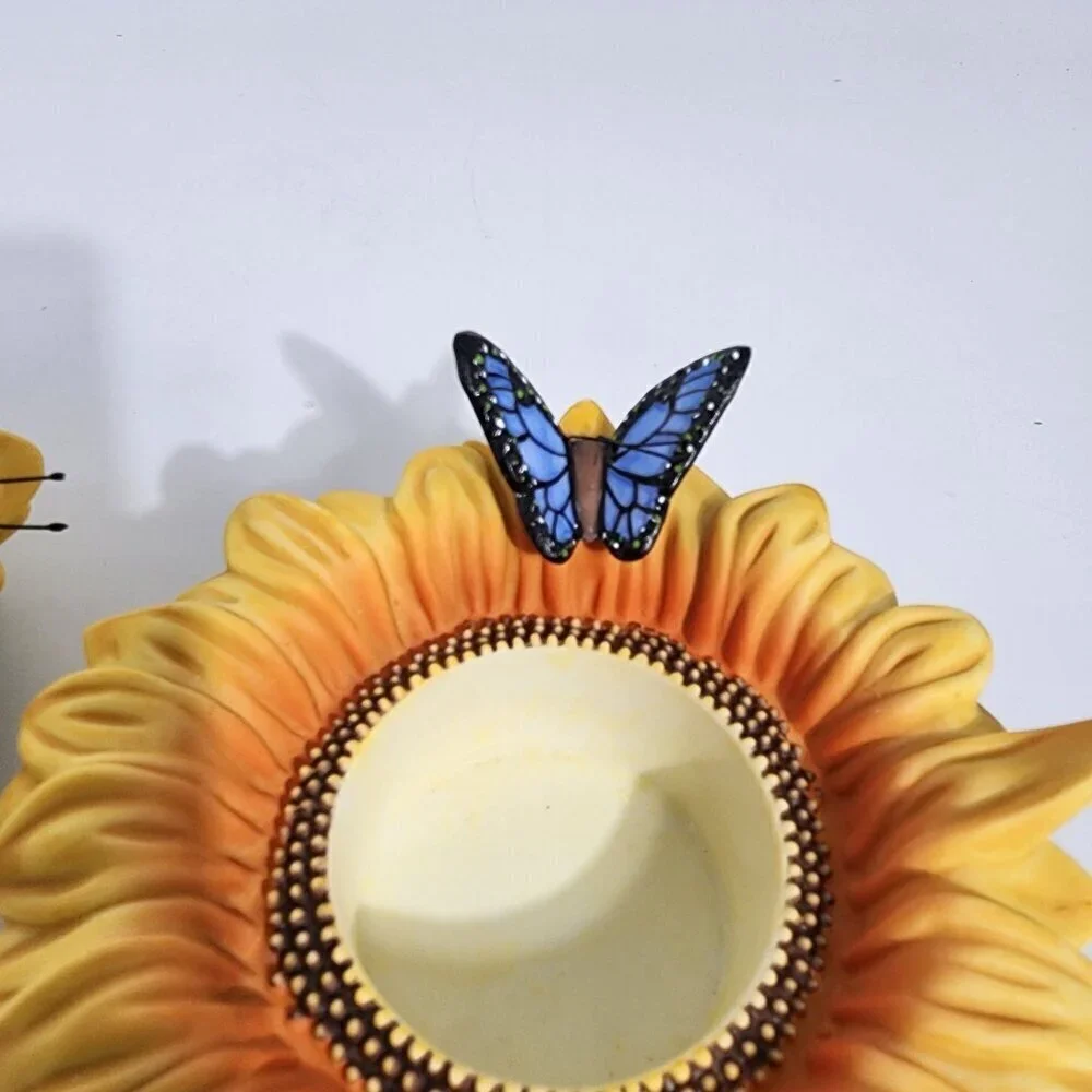 Sunflower Shaped Ceramic Candle Holders With Ladybug Butterfly Accents Partylite